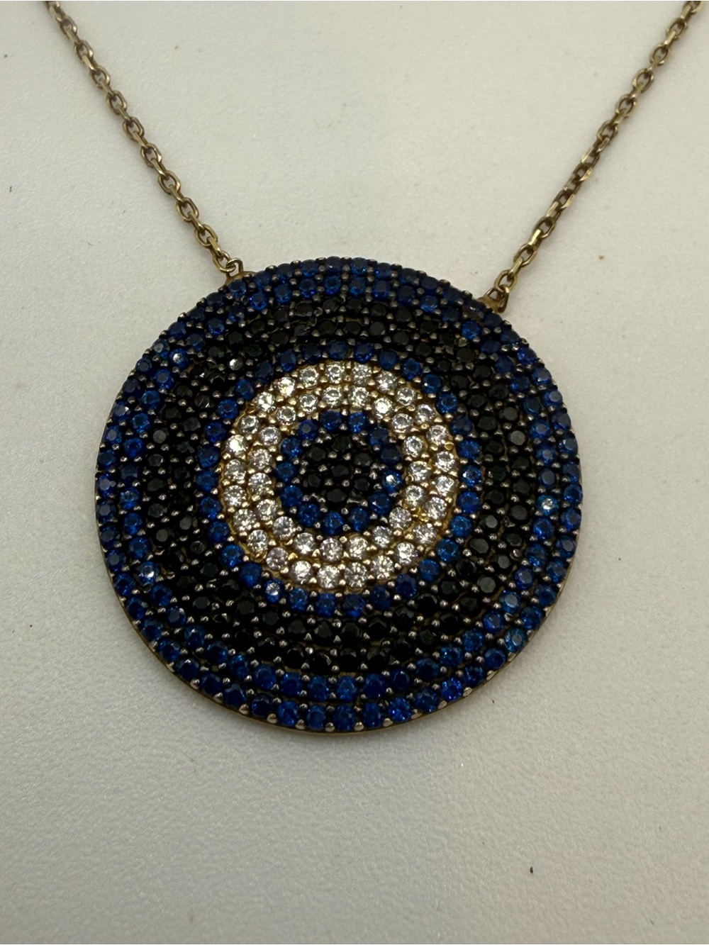 925 Gold‎ Vermeil Necklace with Sapphire and CZ's Disc Pendant